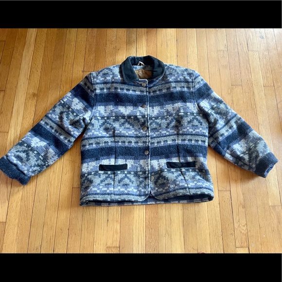 80 Vintage Woolrich Blue Wool Tapestry Blanket Coat - Picture 9 of 12